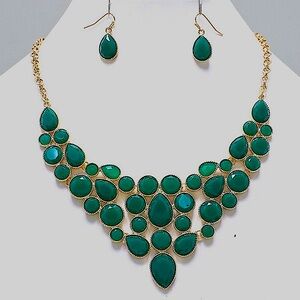 Chunky Green Gold Framed Bib Statement Necklace Earrings Set